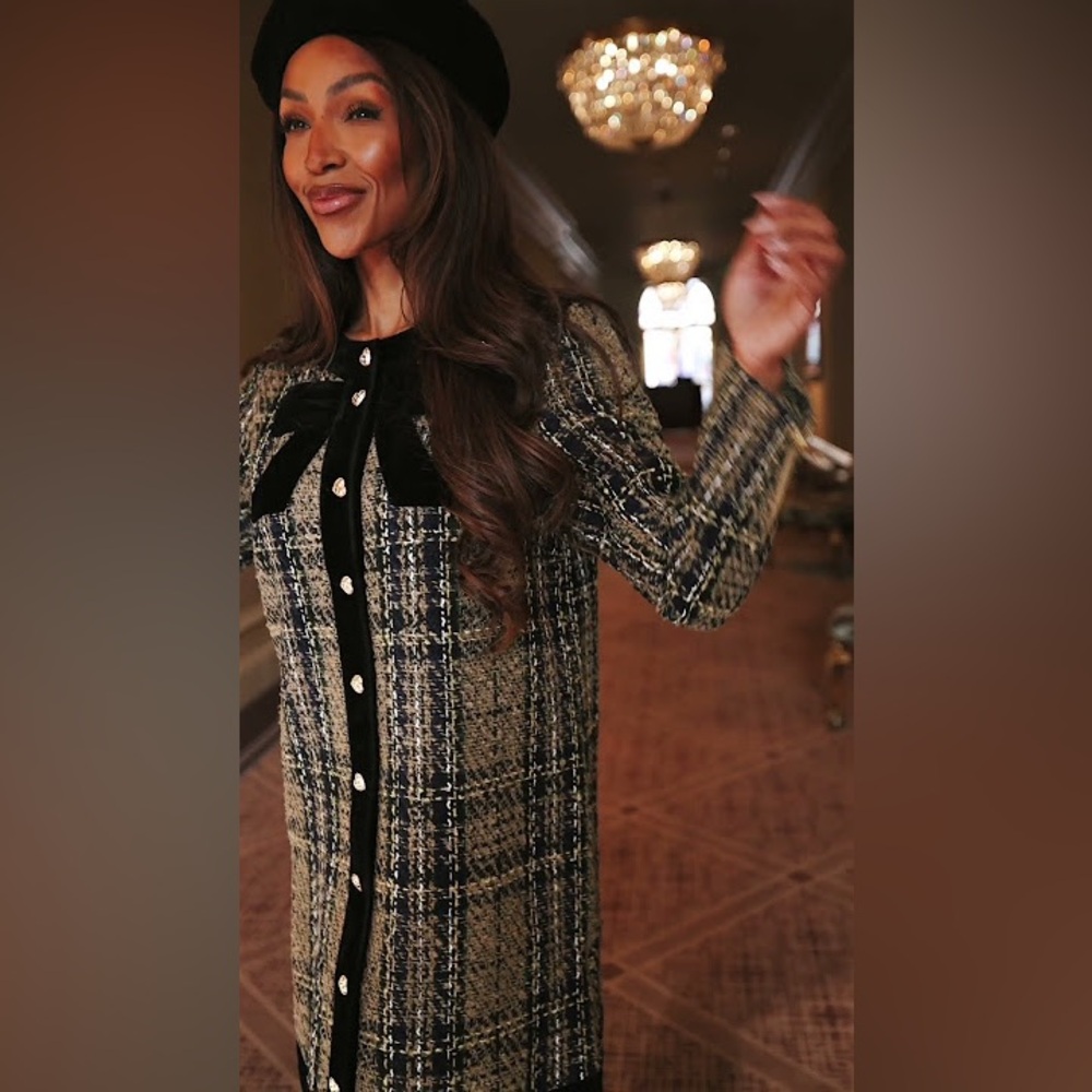 Ivy City Co tan tweed Plaid Long Sleeve Dress